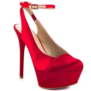 Paris Hilton Nuala Red Satin Platform Heels